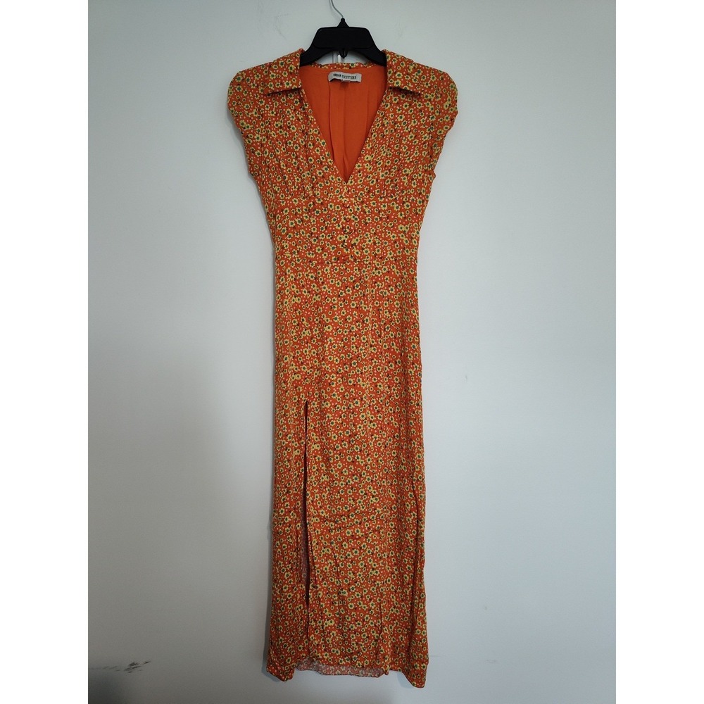 Urban Outfitters Orange Floral Midi Dress V-Neck Slit Smocked Back Size S
